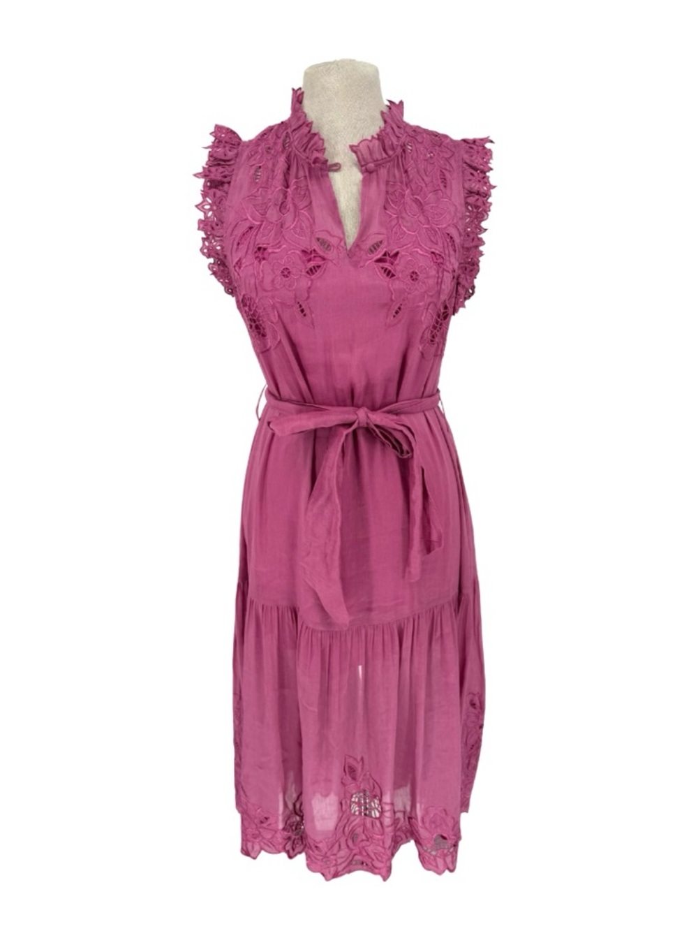 Christy Lynn Gemma Dress Fuchsia Pink Small Linen Silk Embroidered Floral Eyelet - Picture 14 of 16